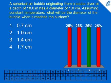 A spherical air bubble originating from a scuba diver at a depth of 18