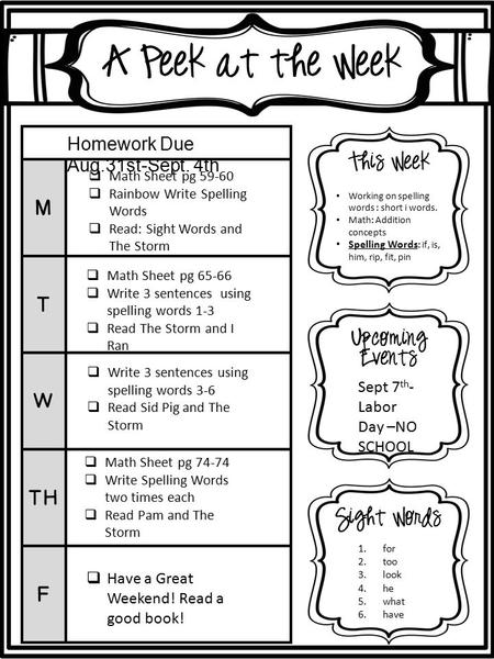 Working on spelling words : short i words. Math: Addition concepts Spelling Words : if, is, him, rip, fit, pin Sept 7 th - Labor Day –NO SCHOOL 1.for 2.too.