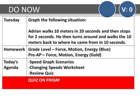 DO NOW V: 0 TuesdayGraph the following situation: Adrian walks 10 meters in 20 seconds and then stops for 2 seconds. He then turns around and walks the.