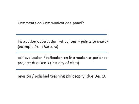 Comments on Communications panel? instruction observation reflections – points to share? (example from Barbara) self evaluation / reflection on instruction.