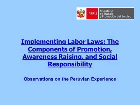 Implementing Labor Laws: The Components of Promotion, Awareness Raising, and Social Responsibility Observations on the Peruvian Experience.