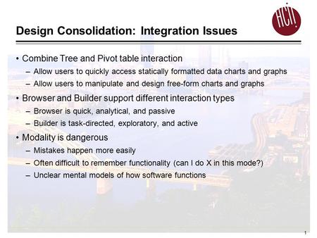 1 Design Consolidation: Integration Issues Combine Tree and Pivot table interaction –Allow users to quickly access statically formatted data charts and.