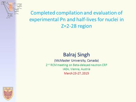 Completed compilation and evaluation of experimental Pn and half-lives for nuclei in Z=2-28 region Balraj Singh (McMaster University, Canada) 2 nd RCM.