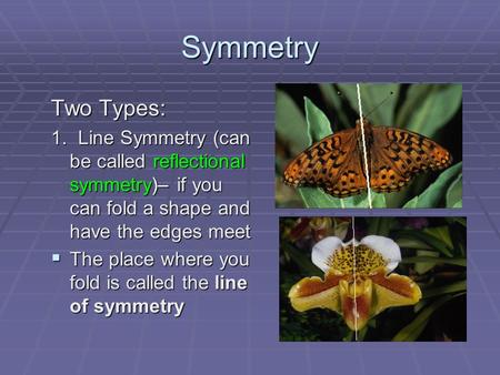 Symmetry Two Types: 1. Line Symmetry (can be called reflectional symmetry)– if you can fold a shape and have the edges meet The place where you fold is.