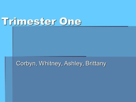 Trimester One Corbyn, Whitney, Ashley, Brittany. Week One & Two -not actually pregnant the first week or two - sperm and egg unite in one of your fallopian.