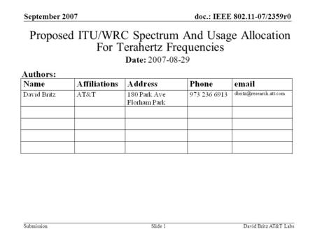 Doc.: IEEE 802.11-07/2359r0 Submission September 2007 David Britz AT&T LabsSlide 1 Proposed ITU/WRC Spectrum And Usage Allocation For Terahertz Frequencies.