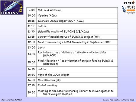 Monica Pantea, MANETGA and PCC meeting in Vienna 2008 9:30Coffee & Welcome 10:00Opening (ACM) 10:15Overview Annual Report 2007 (ACM) 11:15coffee 11:30Scientific.