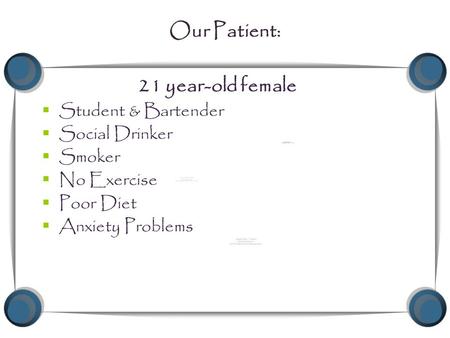 Our Patient: 21 year-old female  Student & Bartender  Social Drinker  Smoker  No Exercise  Poor Diet  Anxiety Problems.