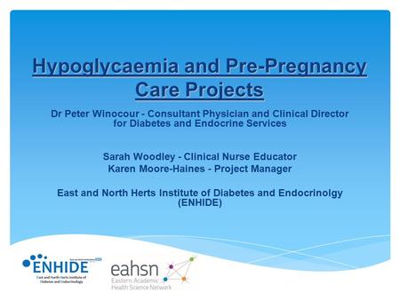 Hypoglycaemia and Pre-Pregnancy Care Projects Dr Peter Winocour - Consultant Physician and Clinical Director for Diabetes and Endocrine Services Sarah.