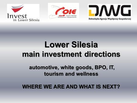 Lower Silesia main investment directions automotive, white goods, BPO, IT, tourism and wellness automotive, white goods, BPO, IT, tourism and wellness.