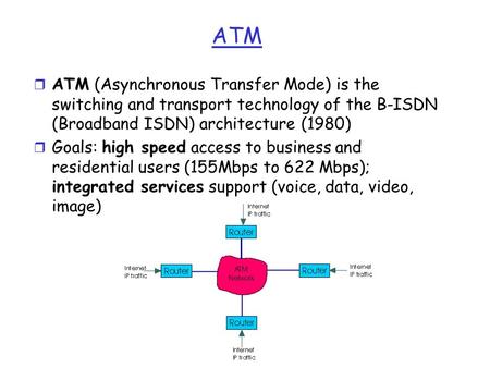 ATM r ATM (Asynchronous Transfer Mode) is the switching and transport technology of the B-ISDN (Broadband ISDN) architecture (1980) r Goals: high speed.