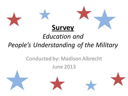 Survey Education and People’s Understanding of the Military Conducted by: Madison Albrecht June 2013.