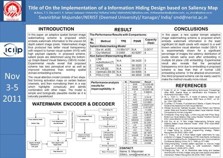 Title of On the Implementation of a Information Hiding Design based on Saliency Map A.Basu, T. S. Das and S. K. Sarkar/ Jadavpur University/ Kolkata/ India/