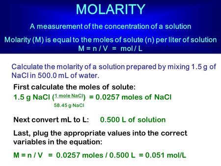 A measurement of the concentration of a solution