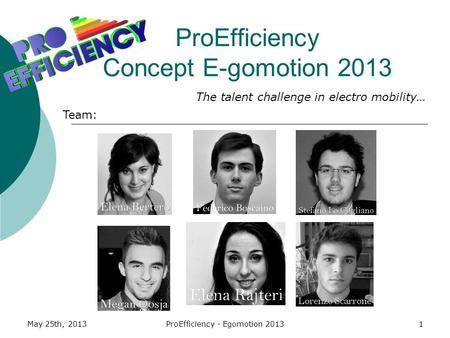 May 25th, 2013ProEfficiency - Egomotion 20131 ProEfficiency Concept E-gomotion 2013 Team: The talent challenge in electro mobility…