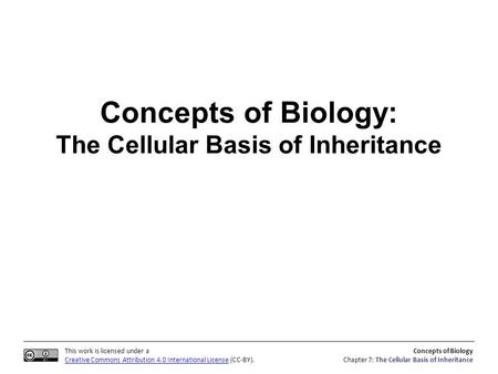 This work is licensed under a Creative Commons Attribution 4.0 International License (CC-BY). Concepts of Biology Chapter 7: The Cellular Basis of Inheritance.