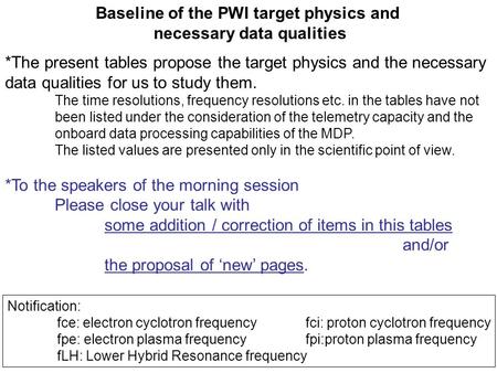 Notification: fce: electron cyclotron frequencyfci: proton cyclotron frequency fpe: electron plasma frequencyfpi:proton plasma frequency fLH: Lower Hybrid.