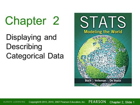 1-1 Copyright © 2015, 2010, 2007 Pearson Education, Inc. Chapter 2, Slide 1 Chapter 2 Displaying and Describing Categorical Data.