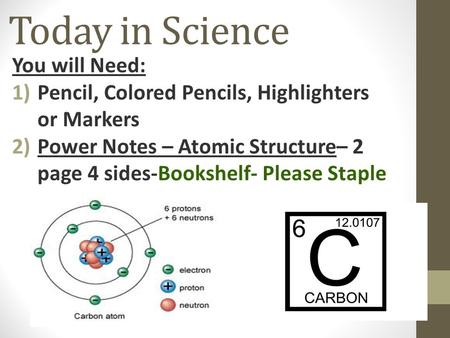 Today in Science You will Need: 1)Pencil, Colored Pencils, Highlighters or Markers 2)Power Notes – Atomic Structure– 2 page 4 sides-Bookshelf- Please Staple.