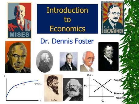 Introduction to Economics Dr. Dennis Foster Q =f(K,L) K Q A B Supply Demand Price Quantity PePe QeQe.