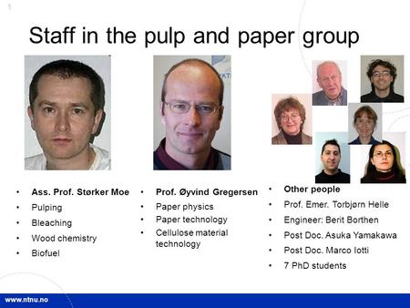 Www.ntnu.no 1 Staff in the pulp and paper group Ass. Prof. Størker Moe Pulping Bleaching Wood chemistry Biofuel Prof. Øyvind Gregersen Paper physics Paper.