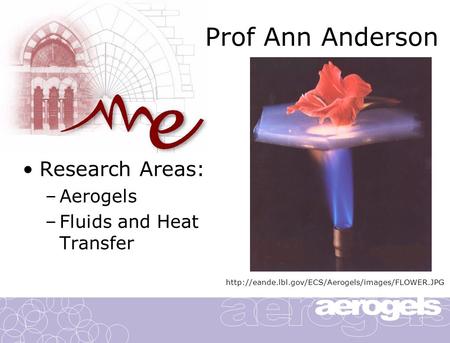 Prof Ann Anderson Research Areas: –Aerogels –Fluids and Heat Transfer