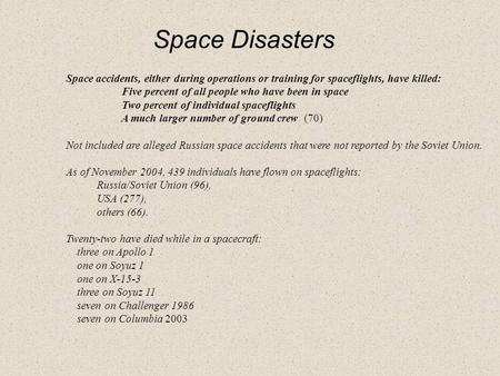 Space accidents, either during operations or training for spaceflights, have killed: Five percent of all people who have been in space Two percent of individual.