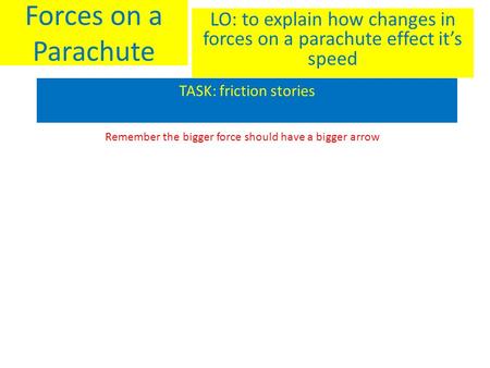 Forces on a Parachute LO: to explain how changes in forces on a parachute effect it’s speed TASK: friction stories Remember the bigger force should have.