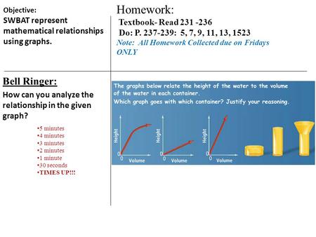 Objective: SWBAT represent mathematical relationships using graphs. Bell Ringer: How can you analyze the relationship in the given graph? 5 minutes 4.