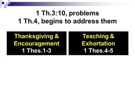 1 Th.3:10, problems 1 Th.4, begins to address them Thanksgiving & Encouragement 1 Thes.1-3 Teaching & Exhortation 1 Thes.4-5.