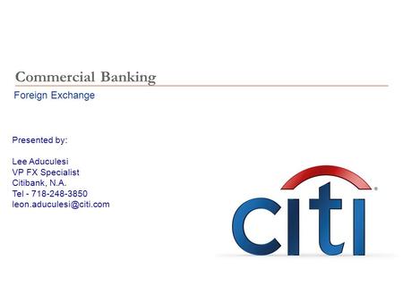 Foreign Exchange Commercial Banking Presented by: Lee Aduculesi VP FX Specialist Citibank, N.A. Tel - 718-248-3850