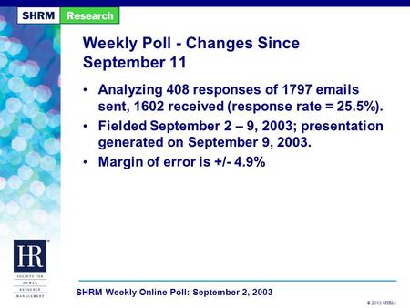 © 2003 SHRM SHRM Weekly Online Poll: September 2, 2003 Weekly Poll - Changes Since September 11 Analyzing 408 responses of 1797 emails sent, 1602 received.