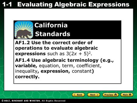 AF1. 4 Use algebraic terminology (e. g