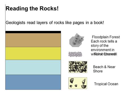 Reading the Rocks! Geologists read layers of rocks like pages in a book! Each rock tells a story of the environment in which it formed! Tropical Ocean.