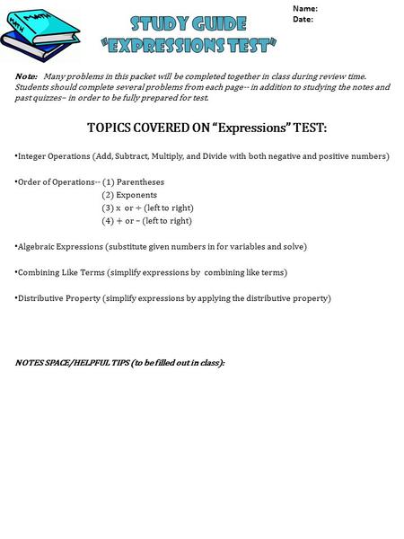 Note: Many problems in this packet will be completed together in class during review time. Students should complete several problems from each page-- in.