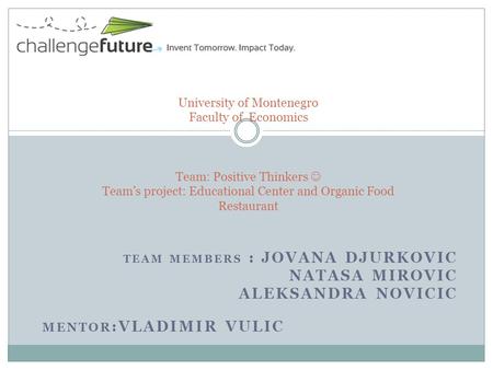 TEAM MEMBERS : JOVANA DJURKOVIC NATASA MIROVIC ALEKSANDRA NOVICIC MENTOR :VLADIMIR VULIC University of Montenegro Faculty of Economics Team: Positive Thinkers.