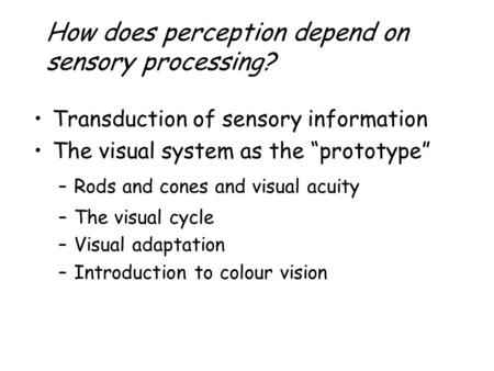 How does perception depend on sensory processing? Transduction of sensory information The visual system as the “prototype” –Rods and cones and visual acuity.