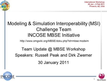 1 Modeling & Simulation Interoperability (MSI) Challenge Team INCOSE MBSE Initiative  Team