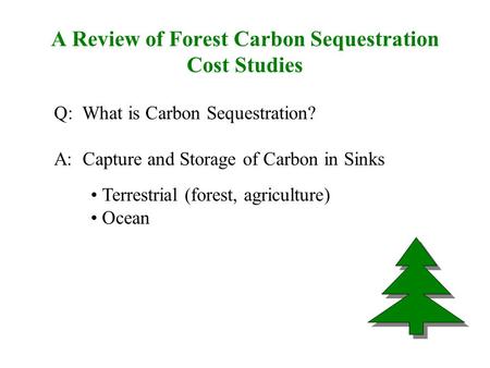 A Review of Forest Carbon Sequestration Cost Studies Q: What is Carbon Sequestration? A: Capture and Storage of Carbon in Sinks Terrestrial (forest, agriculture)