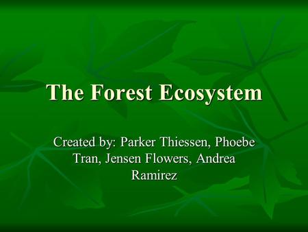 The Forest Ecosystem Created by: Parker Thiessen, Phoebe Tran, Jensen Flowers, Andrea Ramirez.