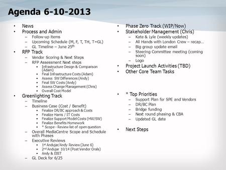 Agenda 6-10-2013 News Process and Admin – Follow-up items – Upcoming Schedule (M, F, T, TH, T=GL) – GL Timeline – June 25 th RFP Track – Vendor Scoring.