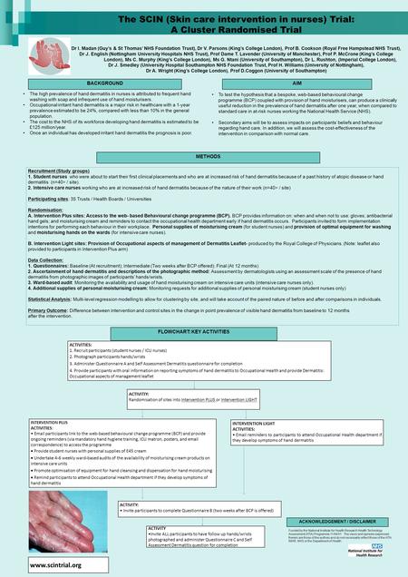 The SCIN (Skin care intervention in nurses) Trial: A Cluster Randomised Trial Dr I. Madan (Guy’s & St Thomas’ NHS Foundation Trust), Dr V. Parsons (King’s.