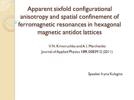 Apparent sixfold configurational anisotropy and spatial confinement of ferromagnetic resonances in hexagonal magnetic antidot lattices V. N. Krivoruchko.