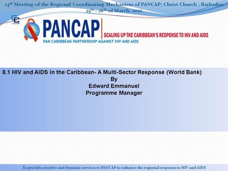 14 th Meeting of the Regional Coordinating Mechanism of PANCAP; Christ Church, Barbados 25 th - 26 th of March, 2010 To provide creative and dynamic services.