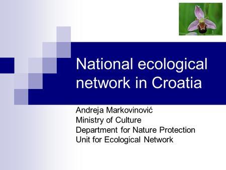 National ecological network in Croatia Andreja Markovinović Ministry of Culture Department for Nature Protection Unit for Ecological Network.