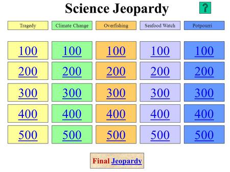 Science Jeopardy 100 200 300 400 500 100 200 300 400 500 100 200 300 400 500 100 200 300 400 500 100 200 300 400 500 TragedyClimate ChangeOverfishingSeafood.