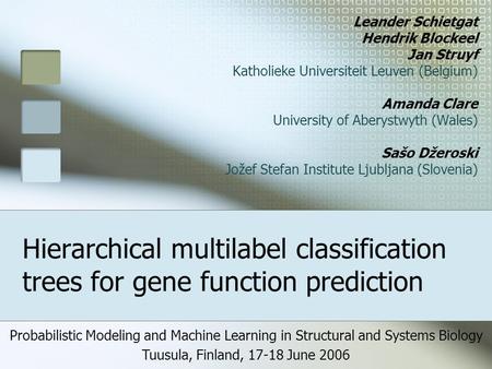 Hierarchical multilabel classification trees for gene function prediction Leander Schietgat Hendrik Blockeel Jan Struyf Katholieke Universiteit Leuven.