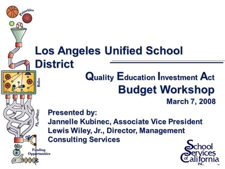 Los Angeles Unified School District Q uality E ducation I nvestment A ct Budget Workshop Presented by: Jannelle Kubinec, Associate Vice President Lewis.