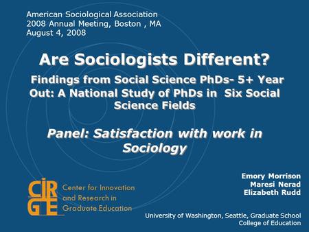 4/6/20061 Are Sociologists Different? Findings from Social Science PhDs- 5+ Year Out: A National Study of PhDs in Six Social Science Fields Panel: Satisfaction.