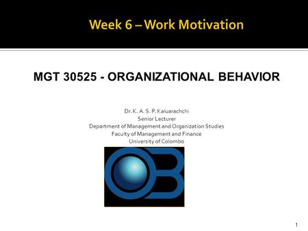 MGT 30525 - ORGANIZATIONAL BEHAVIOR Dr. K. A. S. P. Kaluarachchi Senior Lecturer Department of Management and Organization Studies Faculty of Management.